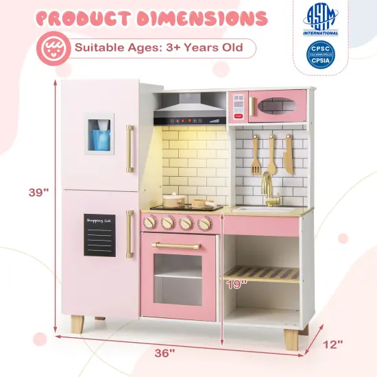 Wooden Pretend Play Kitchen with Ice Maker Range Hood and Blackboard-Pink {3}