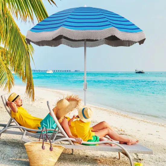 6.5 FT Beach Umbrella with Fringe, Outdoor Tassel Design, Push Button Tilt, UV Protection Navy {3}