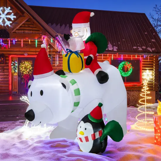7 Feet Multicolor Inflatable Santa Claus Riding Bear with Penguin Gift Bags and Gift Box {2}