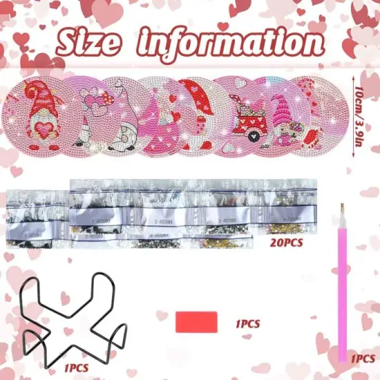 8 Pieces Valentines Day Diamond Paintings Coasters Diamond Painting Coasters with Iron Holder, DIY Gnome Diamond Painting Kit for Adults & Kids Diamond Art Craft Supplies Valentines Decorations {1}