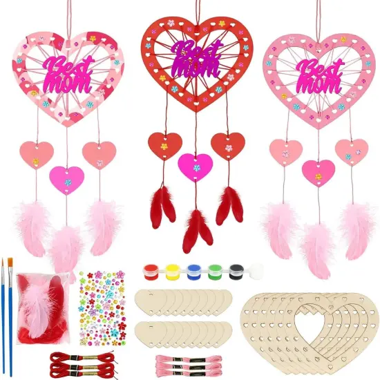 6 Pack MOM Dream Catcher Craft Kit for Kids Paint You Own Mother's Day Dream Catcher DIY Coloring Wooden Art and Craft for Art Activity Project Mom's Birthday Decoration Mum Gifts {1}