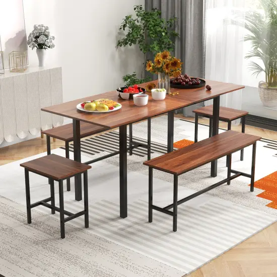 5 Piece Dining Table Set for 4-6, Includes 2 Benches & 2 Stools, Ideal for Kitchen & Dining Room Walnut {2}