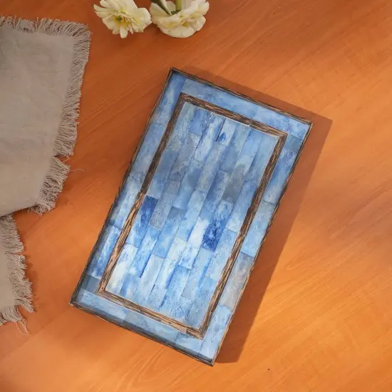 Decorative Blue Bone dyed & Wood Tray/Serving Tray - 12" X 7.25" X 0.75" {1}