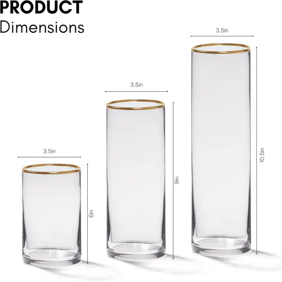 4E's Novelty Set of 3 Glass Cylinder Vases for Centerpieces, 6, 9, 10.5 Inch Tall, 3.5"" Wide with Gold Rim, Clear Glass Vase for Candles {2}