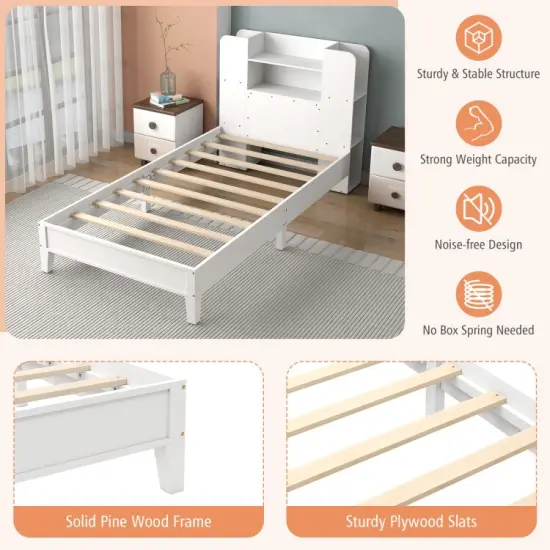 Wooden Twin Bed Frame with Bookcase Headboard Storage Shelves and Under-bed Space White {2}