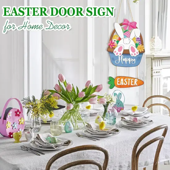Easter Decoration Wood Door Wall Signs, Wooden Wreaths Front Door Sign Bunny Rabbit Sign Egg Carrot Ornaments Hanging Crafts for Spring Home Farmhouse Party Porch Wall Decor {4}