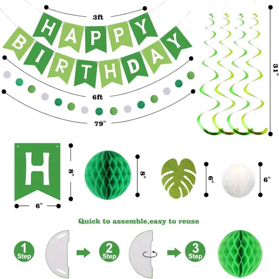 Green Birthday Party Decorations - Happy Banner with Honeycomb Balls {3}