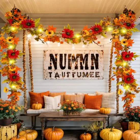 6FT Fall Maple Leaf Garland with Lights - Round {5}