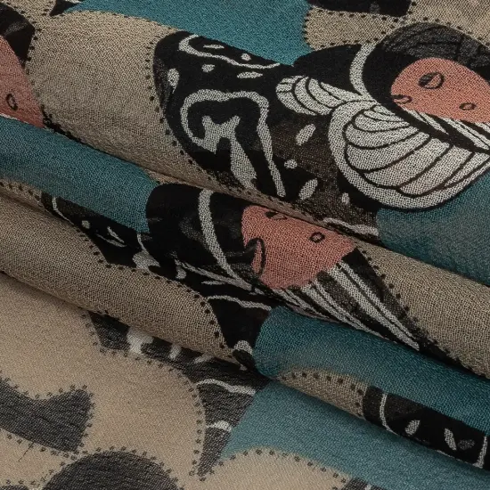 1 Yard Blue Peach Beige Lady in Hat Silk Chiffon Fabric 44 Inch Width {2}