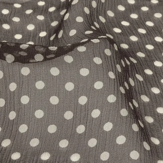 1 Yard Charcoal Cream Polka Dotted Crinkled Silk Chiffon 50 Inch Width {3}