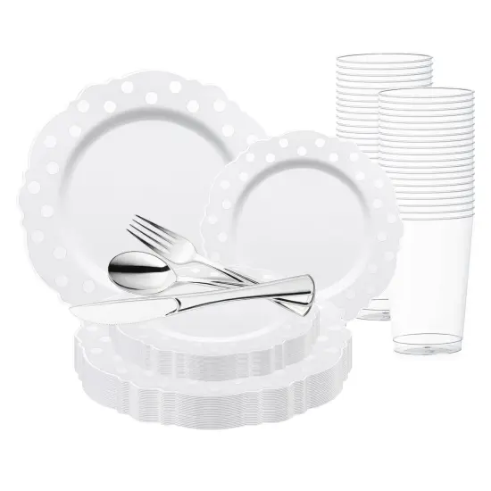 White with Silver Dots Round Blossom Disposable Plastic Wedding Value Set (20 Settings) {1}