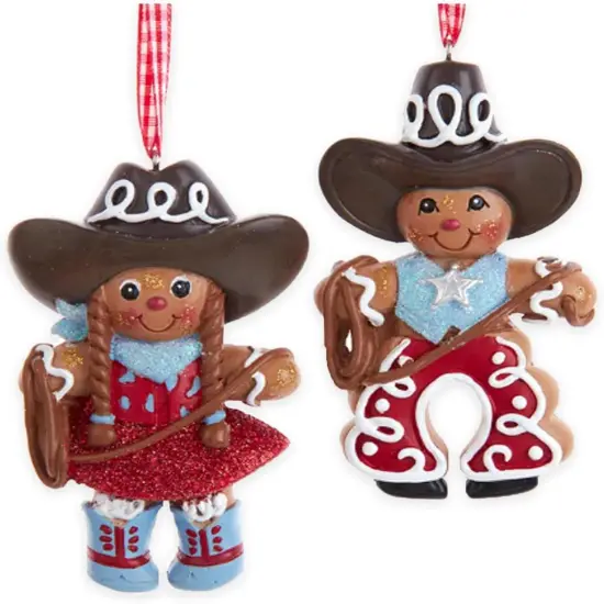 4" Gingerbread Cowboy & Cowgirl Ornaments &ndash; Set of 2 Fun Christmas Decorations {1}