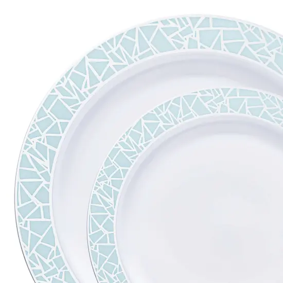 White with Turquoise Blue and Silver Mosaic Rim Round Plastic Dinnerware Value Set (120 Guests) {1}