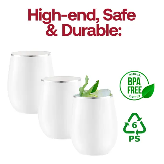 White with Silver Elegant Stemless Plastic Wine Glasses - 12 oz. (64 Glasses) {4}