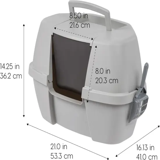IRIS USA Large Hooded Corner Cat Litter Box with Scoop Gray {6}