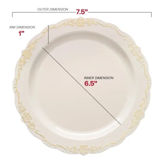 Ivory with Gold Vintage Rim Round Disposable Plastic Appetizer/Salad Plates - 7.5" (120 Plates) {3}