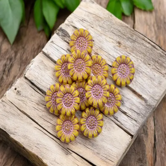 *12* 13mm Metallic Pink Washed Opaque Yellow Sunflower Coin Beads {4}