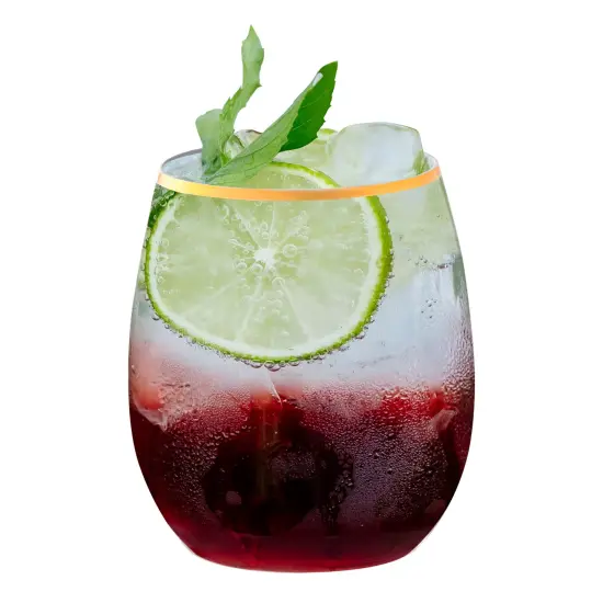 Clear with Gold Elegant Stemless Plastic Wine Glasses - 12 oz. (64 Glasses) {2}