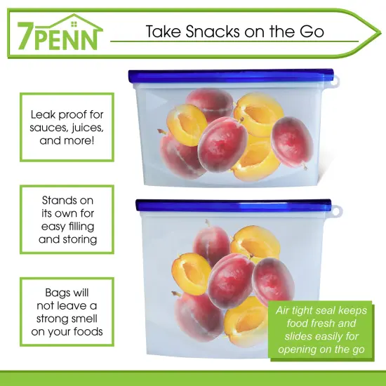 7Penn Silicone Food Storage Bag 500mL and 1000mL - 2pk Blue Reusable Food Bags {6}