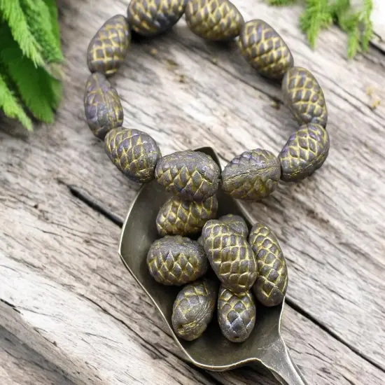 *10* 13x8mm Gold Washed Opaque Teal Metallic Pine Cone Beads {2}