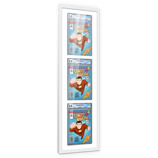 Comic Book Frame with Mat for 3 Graded Comics - White Wood Comic Frame With White Mat for 8.125x13 Comics - 11.75x43.5 Frame Size {2}