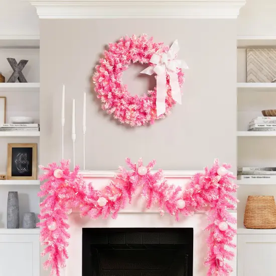 Northlight Pre-Lit Artificial Flocked Pine Christmas Garland - 9' - Pink - Clear Lights {4}