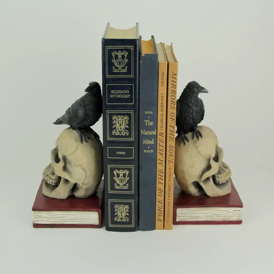 Evil Omen Raven On Skull Perch Decorative Bookend Set {3}