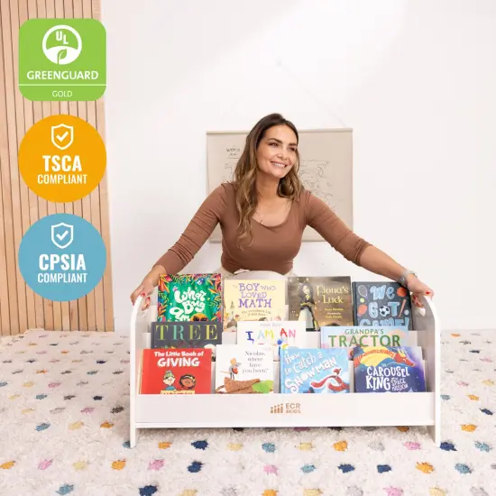 3-Shelf Floor Book Display with Handles, Beginner Bookshelf White Wash {5}