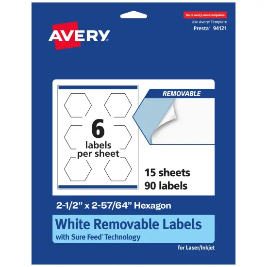 Avery Matte White Removable Hexagon Labels with Sure Feed Technology, Print-to-the-Edge, 2-1/2" x 2-57/64" {7}