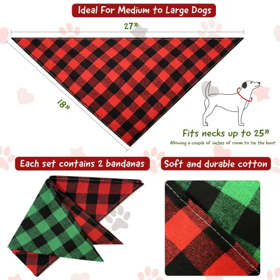 Wrapables Christmas Pet Triangle Bandana, Bib Scarves For Cats and Dogs (Set of 2), Large, Buffalo Plaid {2}