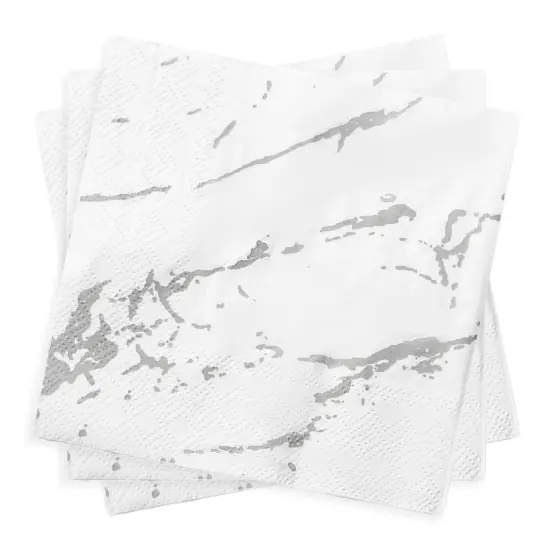 Durable White with Silver Marble Paper Beverage/Cocktail Napkins (600 Napkins) {2}