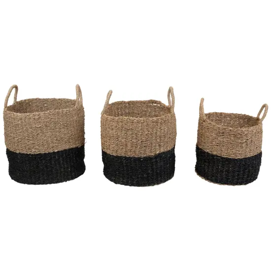 Northlight Round Wicker Table and Floor Baskets - Beige and Black - Set of 3 {3}