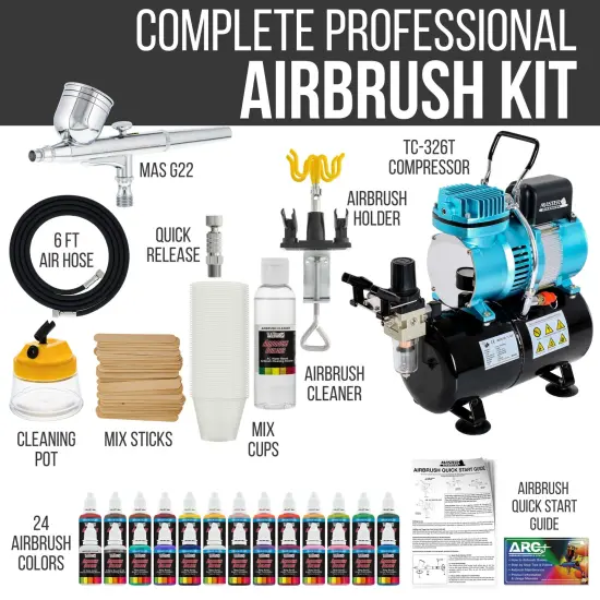 Cool Runner II Dual Fan Air Tank Compressor System Kit with Gravity Feed Airbrush, 24 Color Acrylic Paint Artist Set, Hose, Cleaning Pot, How-To Guide {2}