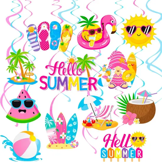20Pcs Hello Summer Party Hanging Swirls Summer Beach Party Ceiling Hanging Decor Pool Party Hanging Streamers Summer Birthday Decorations for Hawaiian Themed Birthday Party Supplies {1}