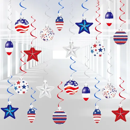 48 PCS 4th of July Hangings Swirl Decorations, Independence Day Patriotic Party Supplies, No DIY Ceiling Streamers Decor for Holiday Birthday Wedding Veteran Day Tree Red White Blue Decorations {1}