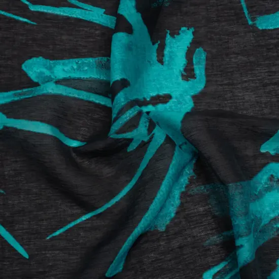 1 Yard Bright Teal and Black Abstract Slubbed Tencel Nylon Linen Woven Fabric Sheer Lightweight 55 Inch Wide {2}