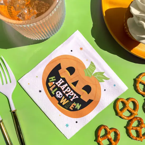 Big Dot of Happiness Jack-O'-Lantern Happy Halloween Party Napkins, Kids Halloween Party Decor, White 3-Ply Paper Luncheon Napkins - 24 Count {4}