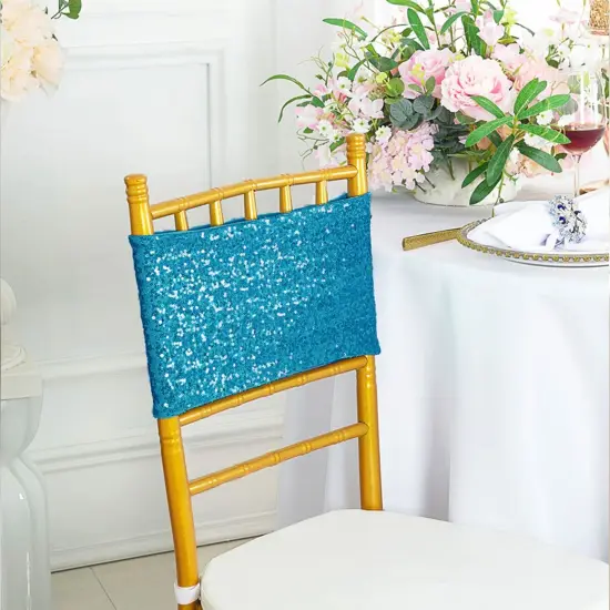 10 Pieces Shimmering Turquoise Sequin Spandex Chair Bands 7 x 13 Inches {2}