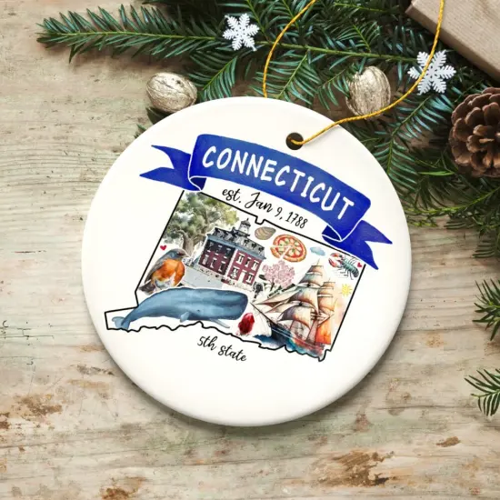 Artistic Connecticut State Themes and Landmarks Christmas Ornament {2}