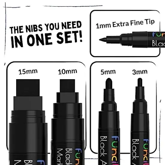 5-Piece Acrylic Black Paint Pen Set Fine Tip Thin Point and Jumbo Pens (1mm, 3mm, 6mm, 10mm, 15mm) Black Paint Markers for Plastic, Canvas, Wood, Rock, Fabric, Tire, Metal, and Glass {1}