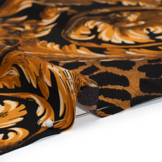1 Yard Black Gold Floral Ornaments Animal Spots Italian Silk Charmeuse 53 inch {2}
