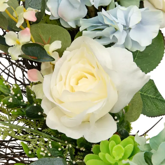 Northlight Hydrangea, Rose and Geranium Artificial Floral Spring Wreath, White and Blue - 24-Inch {6}