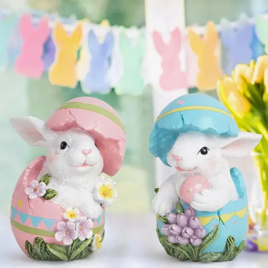 Easter Bunny Decorations Spring Easter Egg/Cup Bunny Indoor Home Decor Farmhouse Country Style Flowers Bunny Figurines (2pcs Easter Egg Rabbit Color 1) {2}