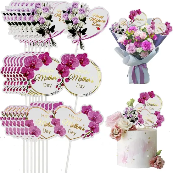 24pcs Happy Mother's Day Cupcake Toppers, Heart Round Butterfly Orchid Rose Flower Cupcake Picks, Cake Decoration for Birthday Mother's Day Party Favors Supplies Favors {1}