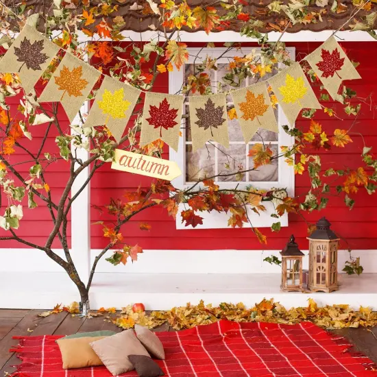 Fall Burlap Banner Glitter Maple Leaf {4}