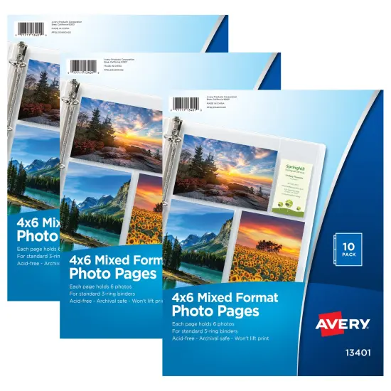 Avery Clear Mixed Format Photo Pages for 3 Ring Binder, Acid Free, Holds 4" x 6" Photos, 10 per Pack, 3 Packs, 30 Photo Protectors Total (01670) {1}
