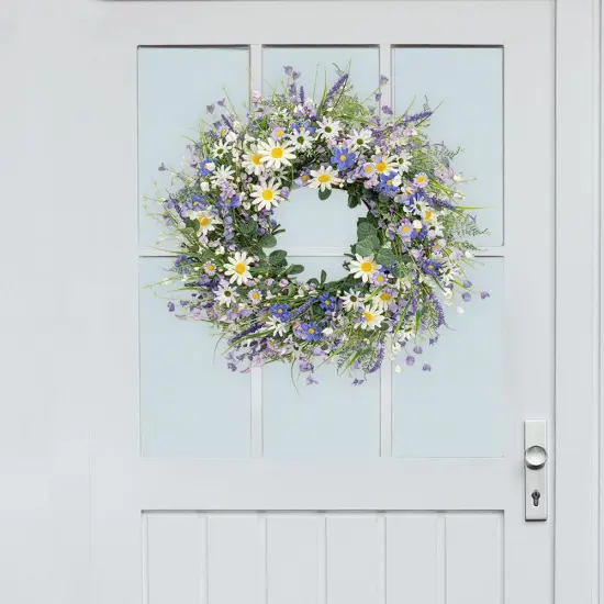 22 Inches Spring Wreaths for Front Door Blue Spring Floral Wreath Summer Wreath with Daisy Lanvender {2}