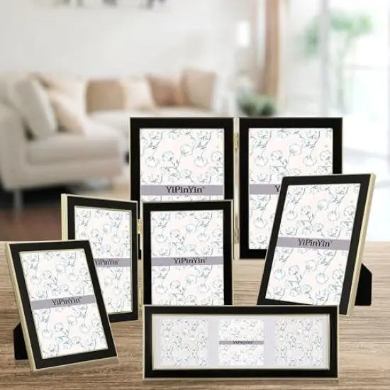 4x6'' Gold Metal Edge frames with Black Enamel set of 2, 6x4''Gold/Black Frame with Easel, Velvet Backing for Countertop, Tabletop Display, Bookshelf, Desk, 4x6''Wall Frames, (4x6'' Black/Gold) {4}