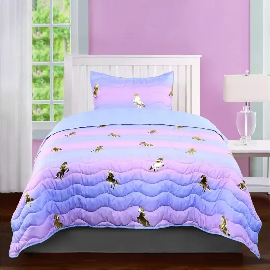 Tadpoles 2-Piece Girls Unicorn Quilt Set | 1 Twin Bed Size Quilt & 1 Standard Sham | Made of 100% Micro-denier Polyester Fiber | Soft, Smooth & Durable | Ideal for Teens | Metallic Gold Unicorns {2}
