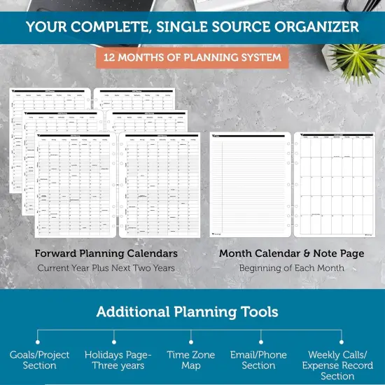 Planner Pad 7 Hole Loose Leaf January-December 2025/ Calendar Year 8 1/2" x 11" Large 3-Tier Funnel Down 12 Month Organizer, Black Ink {4}